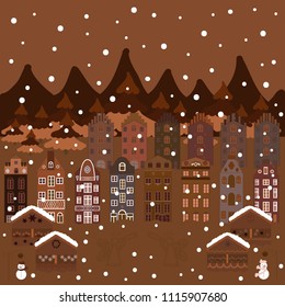 Hand drawn vector abstract scandinavian graphic illustration with house, trees and mountains on brown, white and purple colors. Nordic landscape. Perfect for textile, nursery wallpaper, kids fabric.
