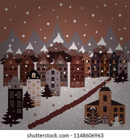 Hand drawn vector abstract scandinavian graphic illustration with house, trees and mountains on brown, gray, beige colors. Nordic nature landscape concept. Perfect for textile, nursery wallpaper.