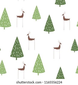 Hand drawn vector abstract Scandinavian Christmas tree and deer  seamless pattern. Tender Christmas illustration. White background.