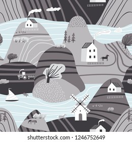 Hand drawn vector abstract scandinavian graphic illustration seamless pattern with house,trees and mountains. Nordic nature landscape concept. Perfect for kids fabric, textile, nursery wallpaper.