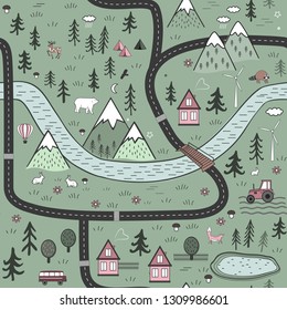 Hand drawn vector abstract scandinavian graphic illustration seamless pattern with houses, animals, trees and mountains. Nordic nature landscape concept.