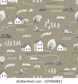 Gráfico escandinavo gráfico abstracto de vectores dibujado a mano patrón sin fisuras con casa, árboles y montañas. Concepto de paisaje natural nórdico. Perfecto para tela infantil, textil, tapicería de vivero.