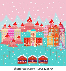 Hand drawn vector abstract scandinavian graphic illustration with house, trees and mountains on pink, blue colors. Perfect for textile, nursery wallpaper, kids fabric. Nordic nature landscape concept.
