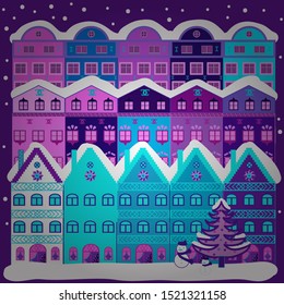 Hand drawn vector abstract scandinavian graphic illustration with house, trees on white, blue and violet colors. Perfect for textile, nursery wallpaper, kids fabric. Nordic nature landscape concept.