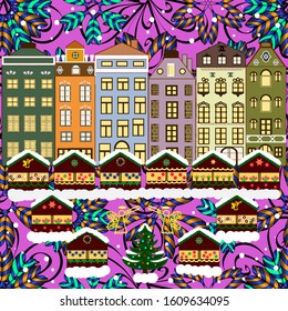 Hand drawn vector abstract scandinavian graphic illustration with house, trees and mountains on brown, violet and green colors. Perfect for textile, wallpaper, fabric. Nordic nature landscape concept.