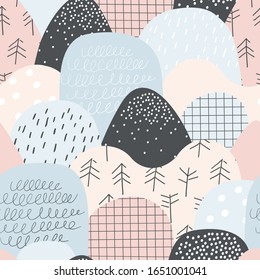 Hand drawn vector abstract scandinavian graphic illustration seamless pattern with hills and mountains. Nordic nature landscape concept. Perfect for kids fabric, textile, nursery wallpaper.