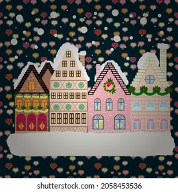 Hand drawn vector abstract scandinavian graphic illustration with house, trees and mountains on beige, neutral and blue colors. Perfect for wallpaper, kids fabric. Nordic nature landscape concept.