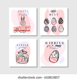 Hand drawn vector abstract scandinavian creative Easter greeting cards design template with Easter eggs and bunny isolated on white background.Design for flayer,invitation,journaling