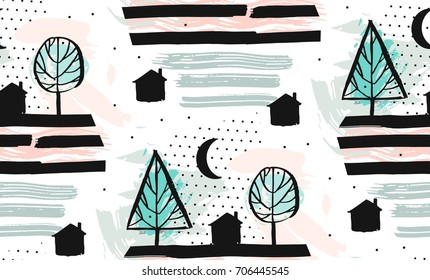 Hand drawn vector abstract scandinavian graphic illustration seamless pattern with house,trees and moon night in pastel colors.Decoration design elements.Nordic nature landscape concept.