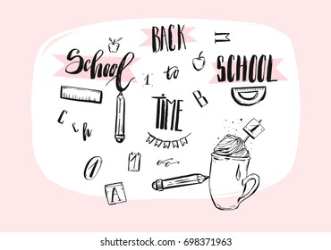 Hand drawn vector abstract school theme doodle icons,handwritten calligraphy quotes,signs and illustrations collection set isolated on white background.