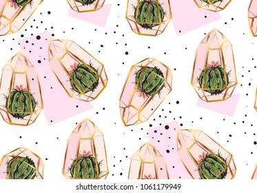 Hand drawn vector abstract seamless pattern with golden terrarium,polka dots texture and cacti plants in pastel colors isolated on white bakground.Design for decoration,fashion,fabric,wrapping paper.