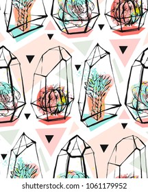 Hand drawn vector abstract seamless pattern with rough terrarium and succulent plants in pastel colors isolated on white bakground.Design for decoration,fashion,fabric,save the date,scandinavian decor