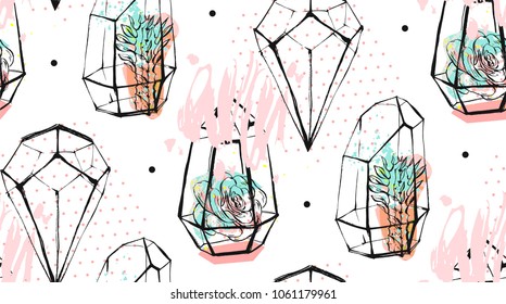 Hand drawn vector abstract seamless pattern with rough terrarium and succulent plants in pastel color isolated on white background.Design for decoration,fashion,fabric,save the date,scandinavian decor