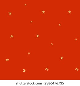 Hand drawn vector abstract seamless pattern with simple minimalistic stars isolated on red background.Design for wrapping paper,fabric,journaling,decoration,greeting.Happy winter holidays concept.