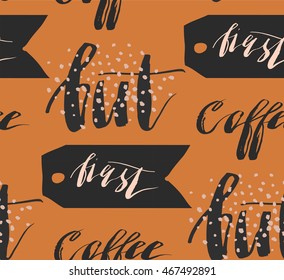Hand drawn vector abstract seamless coffee pattern with handwritten lettering phase But first coffee isolated on brown background.Design for coffee shop,cafe,restaurant,coffee house.