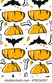 Hand drawn vector abstract seamless halloween pattern with cartoon pumpkin,skeleton bones and bat isolated on white background.