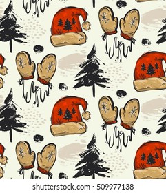 Hand drawn vector abstract seamless Christmas pattern with Christmas trees,winter Christmas clothes red Santa hat and red mittens.Christmas outdoor pattern decoration background.