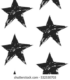 Hand drawn vector abstract seamless pattern with rough black stars isolated on white background.Design for wrapping paper,fashion fabric,journaling,decoration,greeting.Happy winter holidays concept.