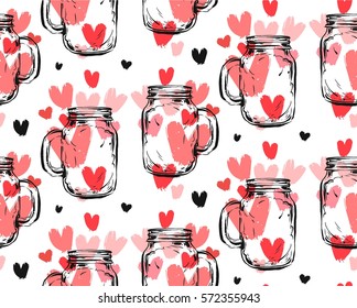Hand drawn vector abstract seamless pattern with glass jar and many red hearts isolated on white background.Design for wedding,valentines day,greeting,fashion fabric,wrapping,decoration.