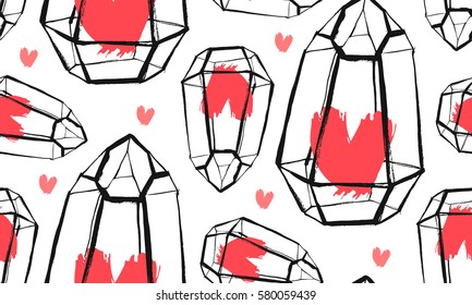 Hand drawn vector abstract seamless pattern with rough terrarium and red hearts isolated on white background.Design for decoration,fashion,fabric,save the date,scandinavian decor.Love concept.