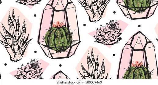 Hand drawn vector abstract seamless pattern with terrarium,polka dots texture and cacti plants in pastel colors isolated on white background.Design for decoration,fashion,fabric,wrapping,save the date