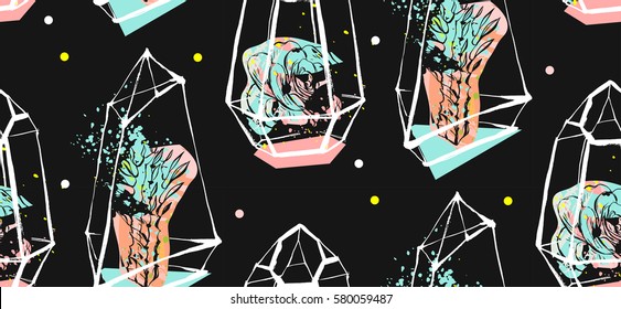 Hand drawn vector abstract seamless pattern with rough terrarium and succulent plants in pastel color isolated on black background.Design for decoration,fashion,fabric,save the date,scandinavian decor