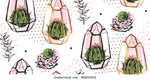 Hand drawn vector abstract seamless pattern with golden terrarium,polka dots texture and cacti plants in pastel colors isolated on white background.Design for decoration,fashion,fabric,wrapping paper