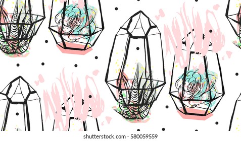 Hand drawn vector abstract seamless pattern with rough terrarium,polka dots texture and succulent plants in pastel colors isolated on white background.Design for decoration,fashion,fabric,wrapping