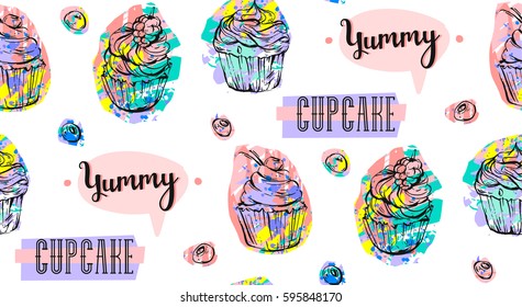 Hand drawn vector abstract seamless artistic abstract creative colorful cupcakes and berries pattern isolated on white background.Sweet food decoration for fabric,wrapping,label,design,logo,birthday