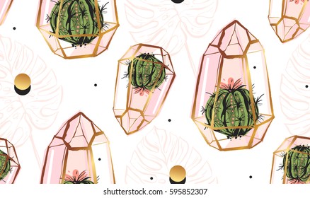 Hand drawn vector abstract seamless pattern with golden terrarium,polka dots texture,tropical palm leaves and cacti plants in pastel colors isolated on white background.Design for fashion fabric,decor