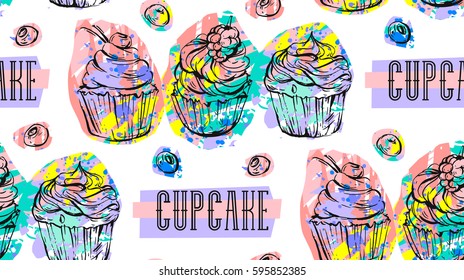 Hand drawn vector abstract seamless artistic abstract creative colorful cupcakes and berries pattern isolated on white background.Sweet food decoration for fabric,wrapping,label,design,logo,birthday