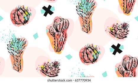 Hand drawn vector abstract seamless pattern collage with cacti plants illustrations,crosses and succulents isolated on white background.Wedding,decoration,birthday,design elements,anniversary,fashion