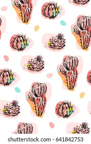 Hand drawn vector abstract seamless pattern collage with cacti plants illustrations and confetti shapes isolated on white background.Unusual fashion fabric,wedding,decoration,birthday,design elements.