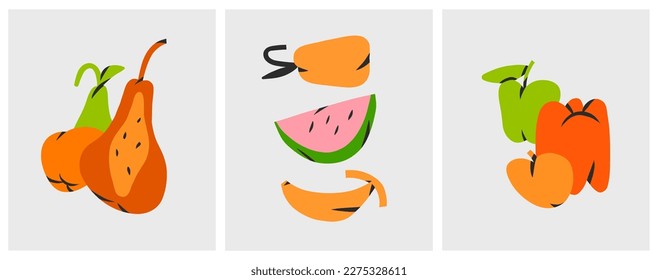 Hand drawn vector abstract simple contemporary set of creative decoration modern minimalistic shapes,forms,and doodle fruits orange,lemon,apple design concept.Organic freehand abstract shapes.