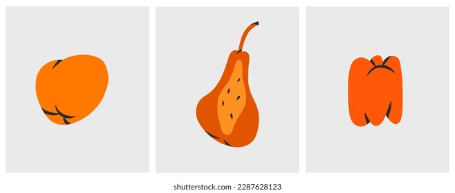 Handgezeichnete, abstrakte, einfache, zeitgenössische Dekoration moderne minimalistische Formen, Formen und doodle Früchte Orange, Papaya, Pfeffer Design Konzept.Organische Freehe und abstrakte Formen.
