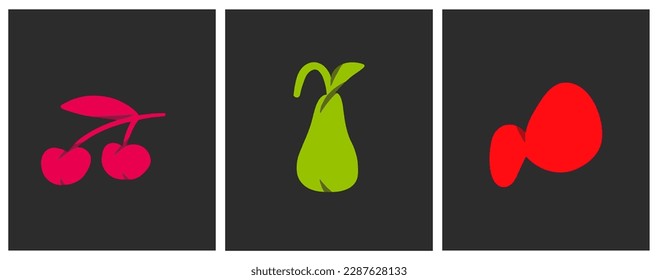 Hand drawn vector abstract simple contemporary set of creative decoration modern minimalistic shapes,forms, doodle fruits pear and cherry brutal forms design concept.Organic freehand abstract shapes.