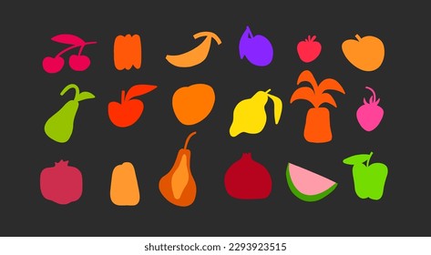 Hand drawn vector abstract simple contemporary set of creative decoration modern minimalistic shapes,forms,and doodle fruits pineapple,lemon,banana design concept.Organic freehand abstract shapes.