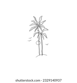 Hand drawn vector abstract simple minimalistic line art graphic drawing tropical palm treeand sun icon sign collection isolated. Summer palm beach modern design concept. Summer palm beach nature logo.