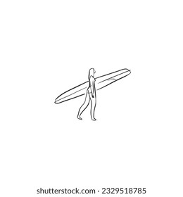 Hand drawn vector abstract simple minimalistic line art graphic drawing tropical surfing female sign collection isolated. Summer palm beach modern design concept. Summer palm beach and surf logo.