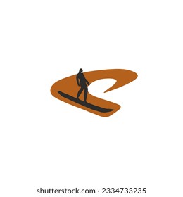 Hand drawn vector abstract simple minimalistic art graphic drawing tropical surfing icon sign,surfing man on the wave isolated. Summer beach modern design concept. Summer palm beach and surf logo.