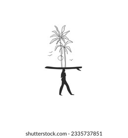 Hand drawn vector abstract simple minimalistic line art graphic drawing tropical surfing icon sign collection set isolated. Summer palm beach modern design concept. Summer palm beach and surf logo.
