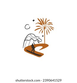 Hand drawn vector abstract simple minimalistic art graphic drawing tropical surfing icon sign,surfing man on the wave isolated. Summer beach modern design concept. Summer palm beach and surf logo.