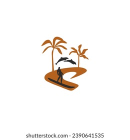Hand drawn vector abstract simple minimalistic art graphic drawing tropical surfing icon sign,surfing man on the wave isolated. Summer beach modern design concept. Summer palm beach and surf logo.
