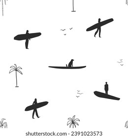 Handgezeichnete Vektorgrafik abstrakte einfache minimalistische grafische Zeichnung tropischen Surfen nahtlose Muster mit Palmen und Surfer. Sommerpalmenstrand modernes Design Konzept. Sommerpalmenstrand und Surfmuster.