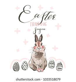 Hand drawn vector abstract sketch graphic scandinavian collage Happy Easter cute simple bunny illustrations greeting card and handwritten calligraphy Easter hunting season isolated on white background