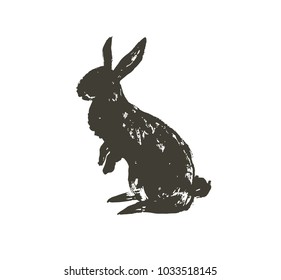 Hand drawn vector abstract sketch graphic scandinavian ink freehand textured black sihouette Happy Easter cute simple bunny illustrations greeting design element isolated on white background.
