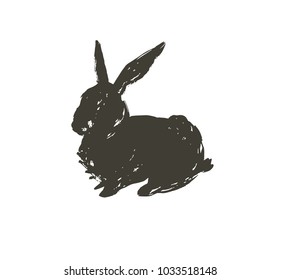 Hand drawn vector abstract sketch graphic scandinavian ink freehand textured black sihouette Happy Easter cute simple bunny illustrations greeting design element isolated on white background.