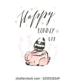 Hand drawn vector abstract sketch graphic scandinavian collage Happy Easter cute simple bunny,eggs illustrations greeting card and handwritten calligraphy Happy bunny day isolated on white background.