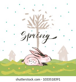 Hand drawn vector abstract sketch graphic scandinavian collage Happy Easter cute simple bunny,tree illustrations greeting card poster and handwritten calligraphy Spring isolated on white background.