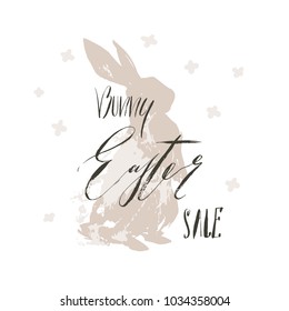 Hand drawn vector abstract sketch graphic scandinavian collage Happy Easter cute simple bunny illustrations greeting card and handwritten calligraphy Bunny Easter Sale isolated on white background.